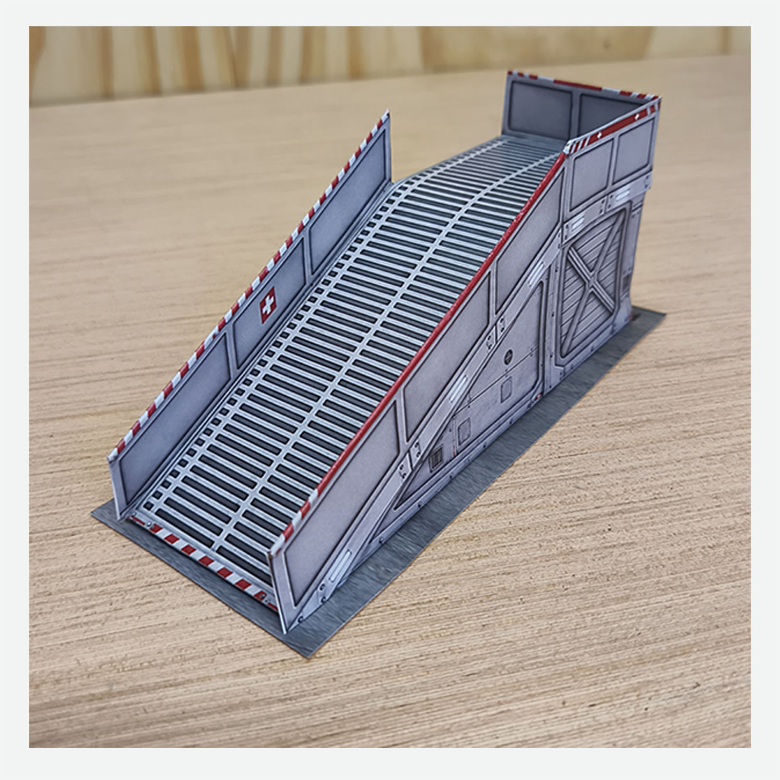 Close-up of the fully assembled access ramp for the miniature hospital helipad display